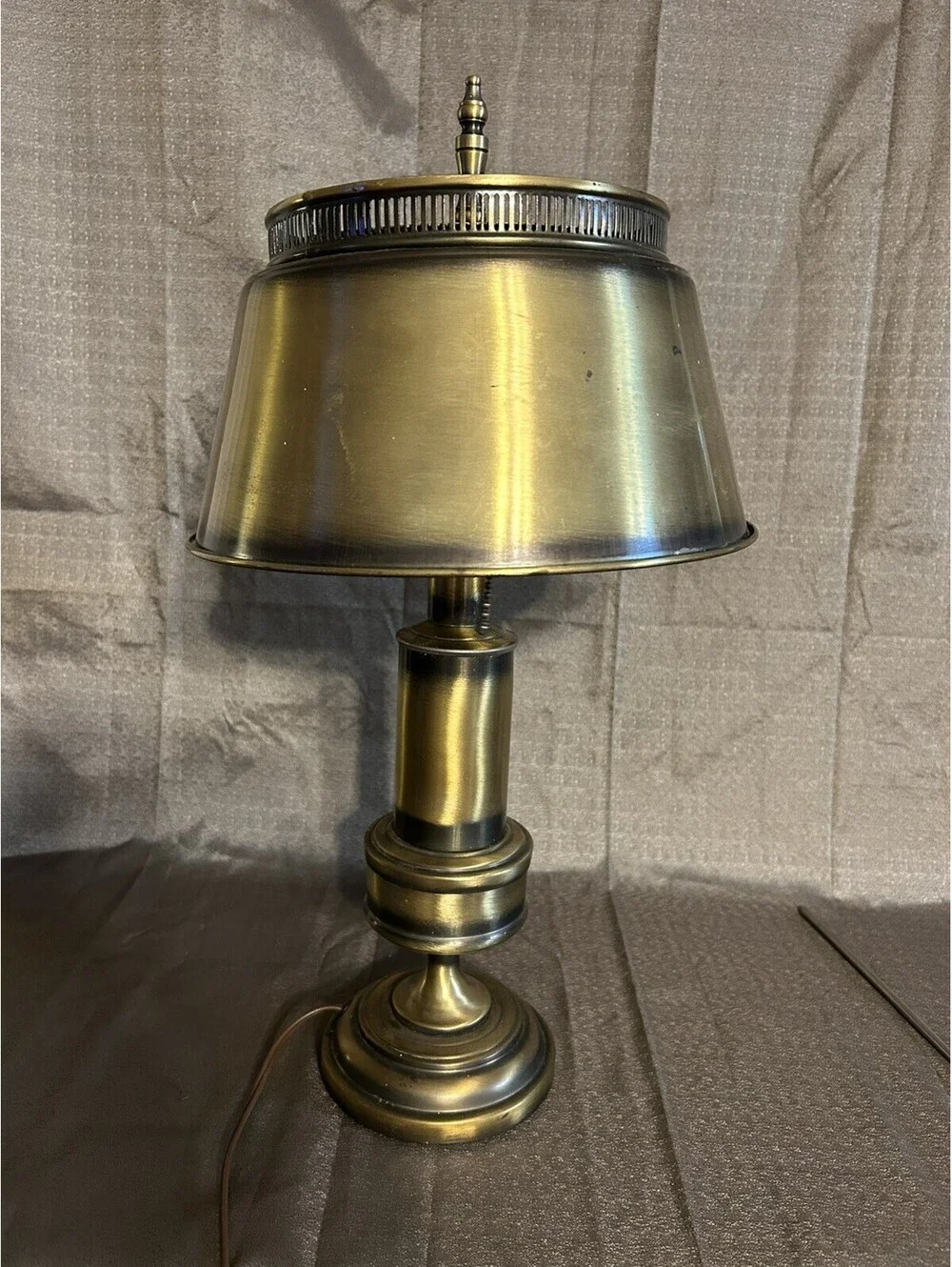 Vintage Bouillotte Style Lamp Brushed Brass Finish W/ 2 Pulls Metal Shade